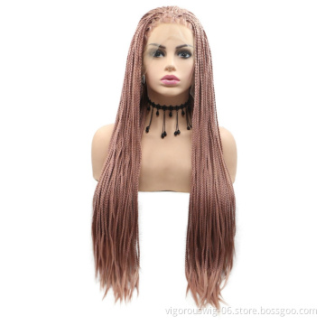 Long straight brown cheap wholesale high quality heat resistant synthetic braided wig with lace front